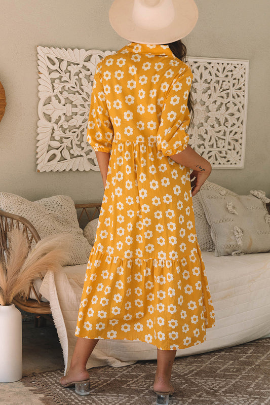 Yellow Floral Maxi Dress with Bracelet Sleeves and a Collared Neckline for a Chic Look