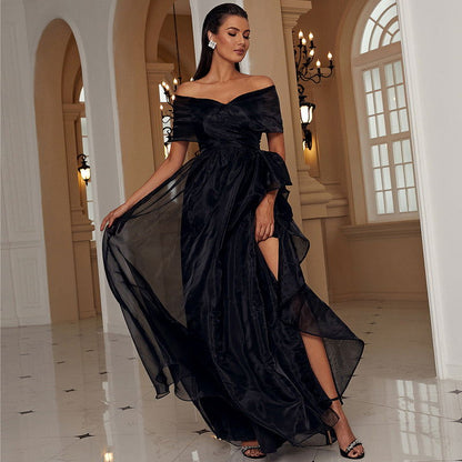 Black Evening Gown with OfftheShoulder Mesh Elegant Maxi Dress Formal Wear