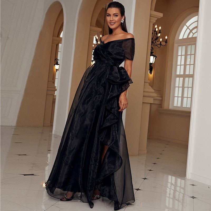 Black Evening Gown with OfftheShoulder Mesh Elegant Maxi Dress Formal Wear