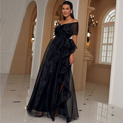 Black Evening Gown with OfftheShoulder Mesh Elegant Maxi Dress Formal Wear