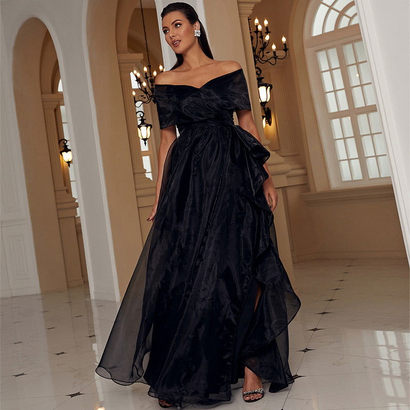 Black Evening Gown with OfftheShoulder Mesh Elegant Maxi Dress Formal Wear