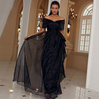 Black Evening Gown with OfftheShoulder Mesh Elegant Maxi Dress Formal Wear