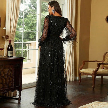 Elegant Black Evening Gown Long Sleeve Maxi Dress Perfect for Formal Events Party Nights