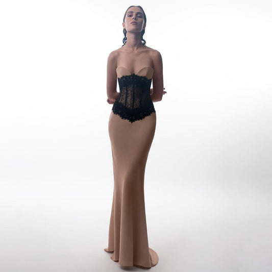Apricot Lace Strapless Maxi Dress for Elegant Evenings Bodycon Silhouette