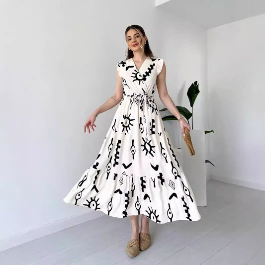 Black and White Maxi Dress with VNeck and Flutter Sleeves for Effortless Daily Style