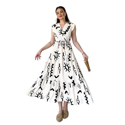 Black and White Maxi Dress with VNeck and Flutter Sleeves for Effortless Daily Style