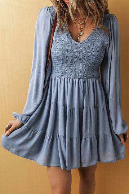 Elegant Blue Mini Dress Long Sleeves V Neck Smocked Waist Autumn Fashion