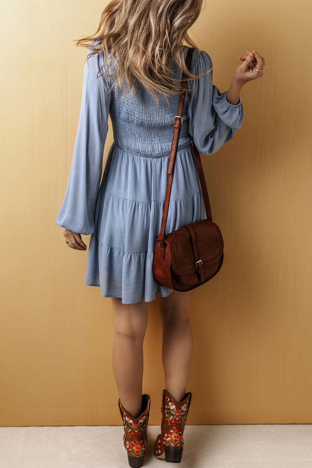 Elegant Blue Mini Dress Long Sleeves V Neck Smocked Waist Autumn Fashion