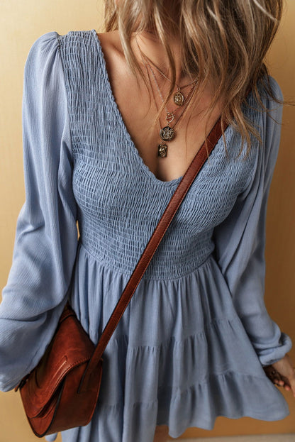 Elegant Blue Mini Dress Long Sleeves V Neck Smocked Waist Autumn Fashion