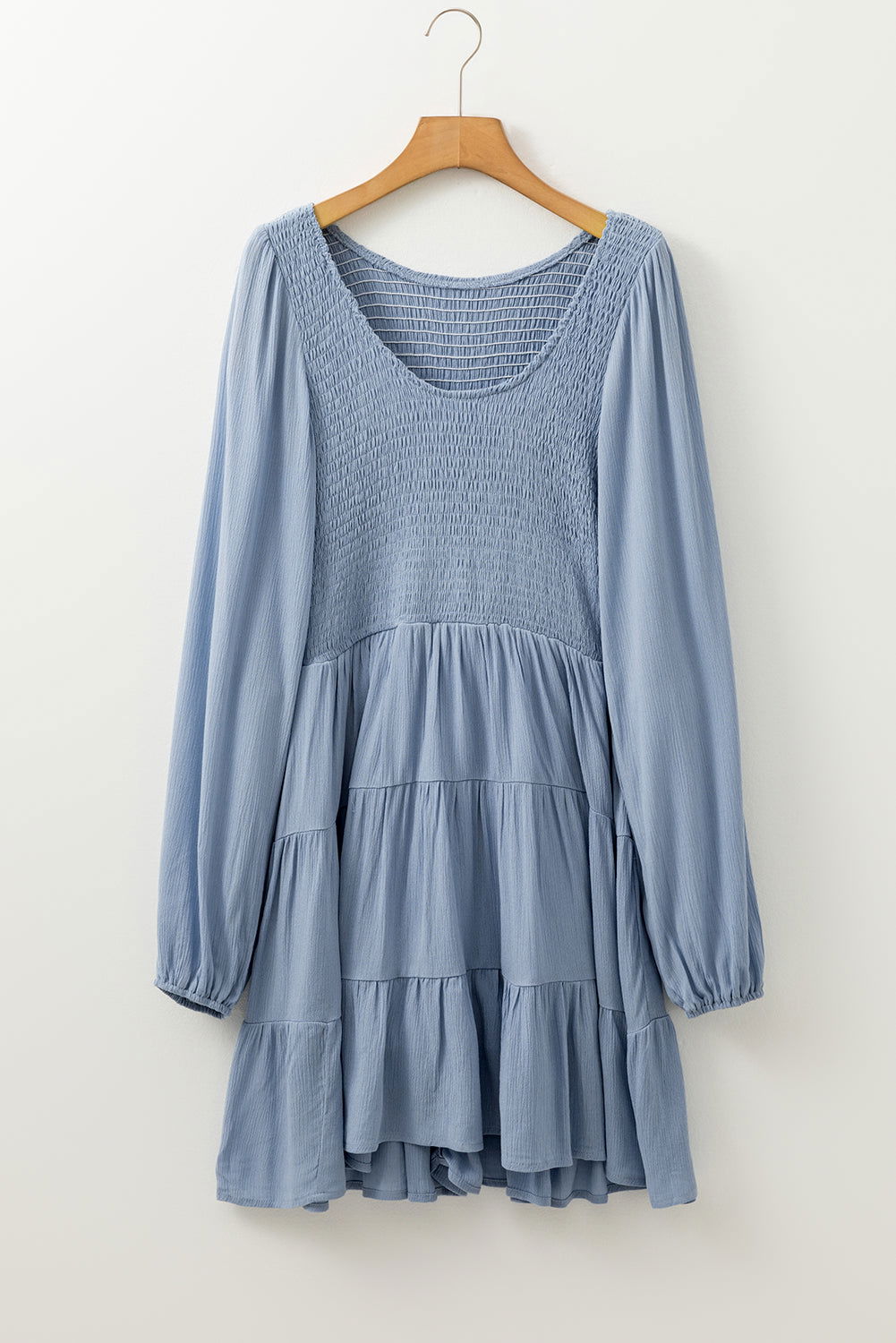Elegant Blue Mini Dress Long Sleeves V Neck Smocked Waist Autumn Fashion