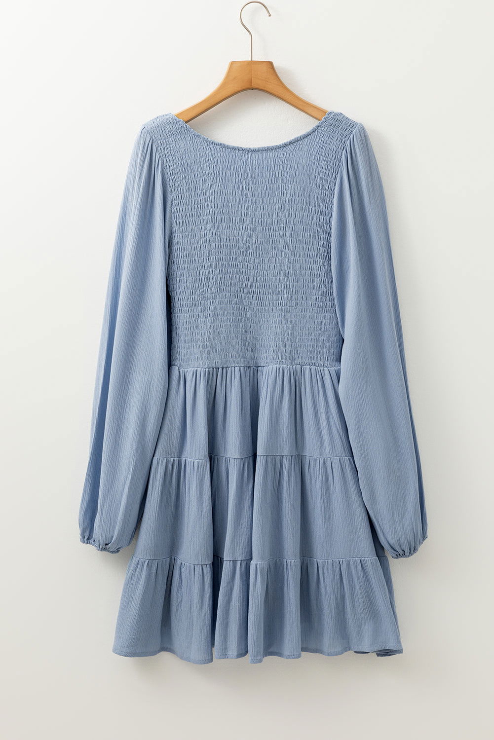 Elegant Blue Mini Dress Long Sleeves V Neck Smocked Waist Autumn Fashion