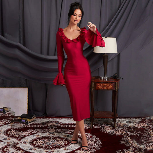 Fishtail Maxi Dress for Women Sexy Bodycon Silhouette with Bell Sleeves Fall Fashion