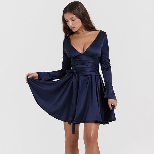 Satin VNeck Bodycon Dress for Women Long Sleeve Mini Dress Perfect for Autumn and Spring