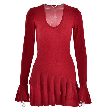 Sultry Bodycon Mini Dress with Flared Sleeves and a Plunging VNeck for Fall Evenings