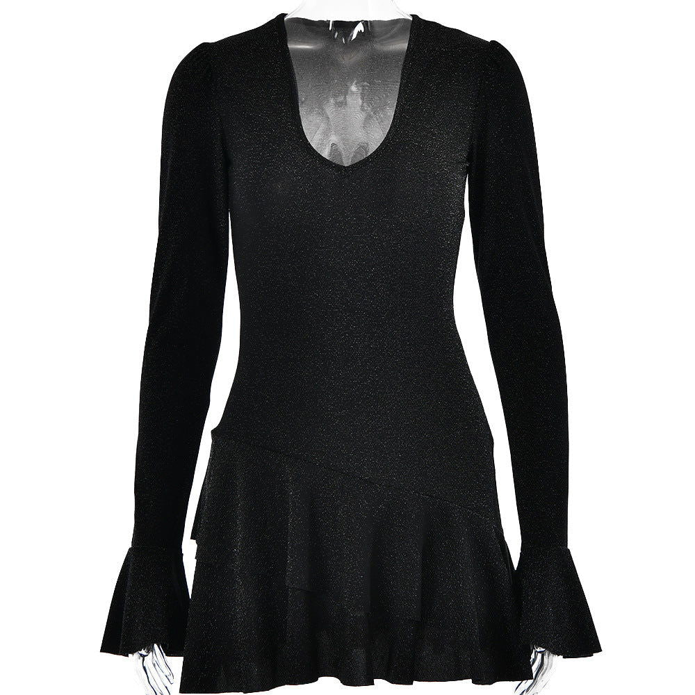 Sultry Bodycon Mini Dress with Flared Sleeves and a Plunging VNeck for Fall Evenings
