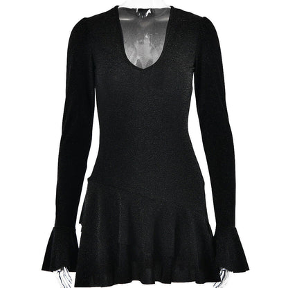 Sultry Bodycon Mini Dress with Flared Sleeves and a Plunging VNeck for Fall Evenings