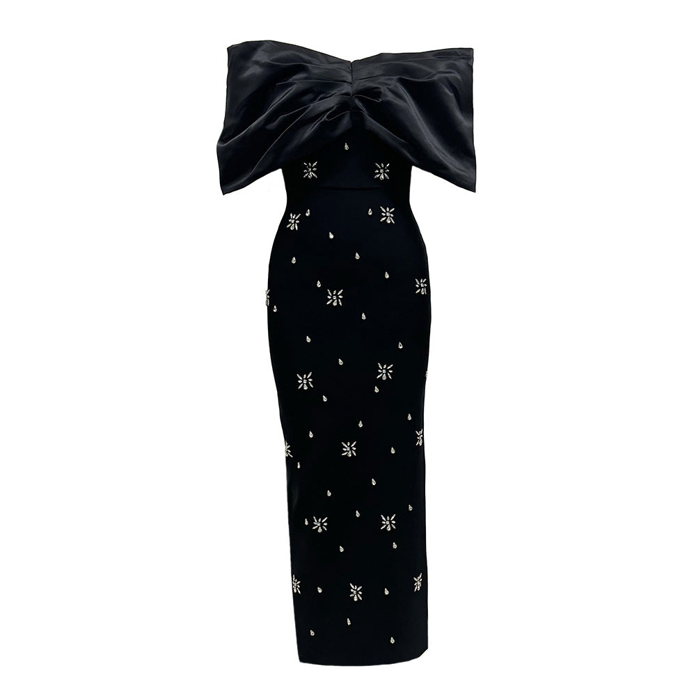 Off Shoulder Maxi Dress Rhinestone Bandage Evening Gown for Women Formal Events