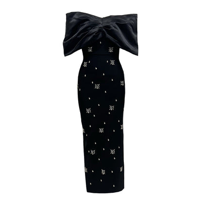 Off Shoulder Maxi Dress Rhinestone Bandage Evening Gown for Women Formal Events