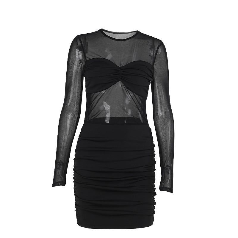 Mesh Panel Mini Dress with Long Sleeves for Women Bodycon Party Dresses