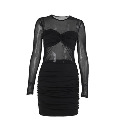 Mesh Panel Mini Dress with Long Sleeves for Women Bodycon Party Dresses
