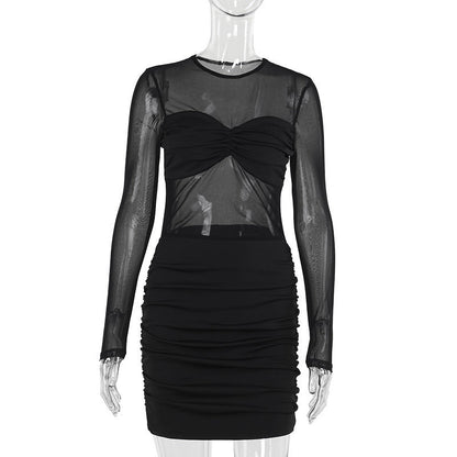 Mesh Panel Mini Dress with Long Sleeves for Women Bodycon Party Dresses