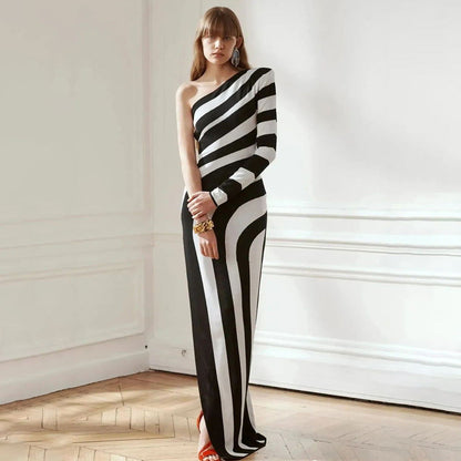 Black and White Striped Maxi Dress with One Shoulder and High Slit for Effortless Chic