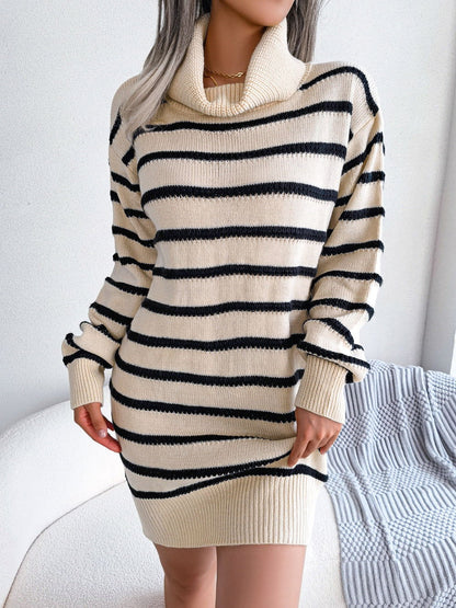Cozy Turtleneck Striped Sweater Dress for Fall Winter Womens Fashion Base Dress