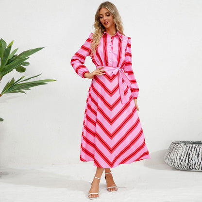 Elegant Striped Maxi Dress with Lantern Sleeves and Button Details for Effortless Style