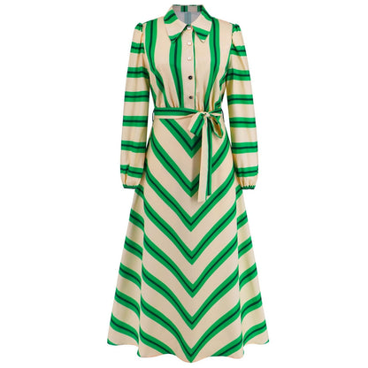 Elegant Striped Maxi Dress with Lantern Sleeves and Button Details for Effortless Style