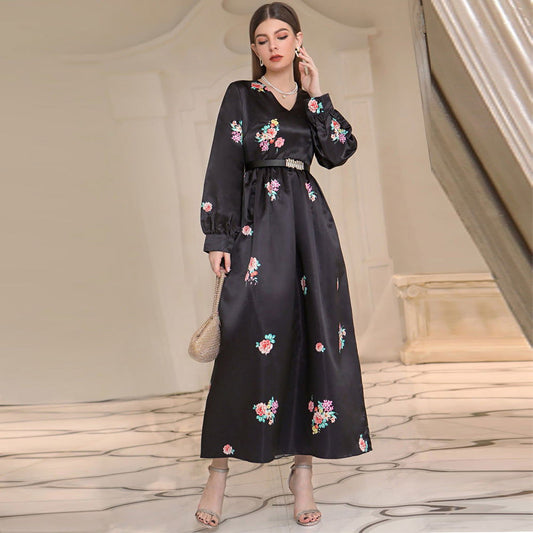 Floral Maxi Dress with Belt for Fall Weddings and Special Occasions