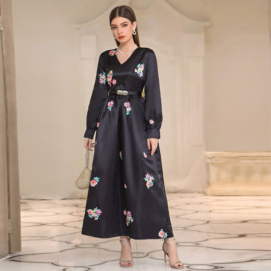 Floral Maxi Dress with Belt for Fall Weddings and Special Occasions