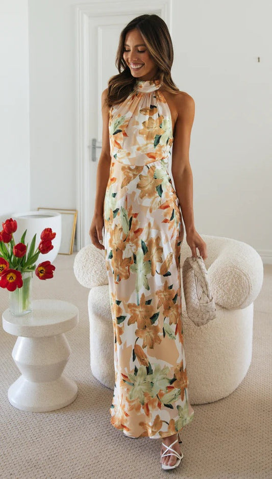 Elegant Floral Maxi Dress with Halter Neckline Perfect for Summer Days and Evenings Casual Wear