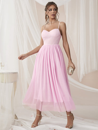Sultry Sleeveless Midi Dress Mesh Stitching ALine Silhouette for a Night Out Party Fashion