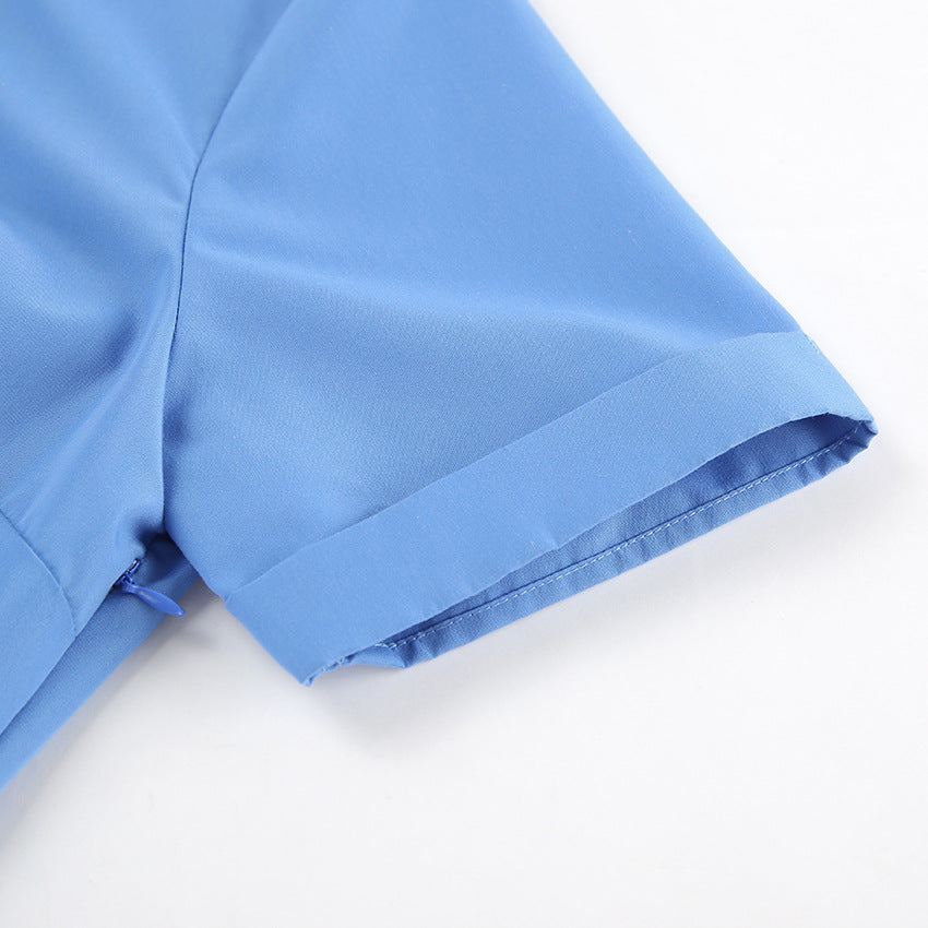 Summer Chic Collared Short Sleeve Slim Fit Dress for Women Office Wear Blue Dress