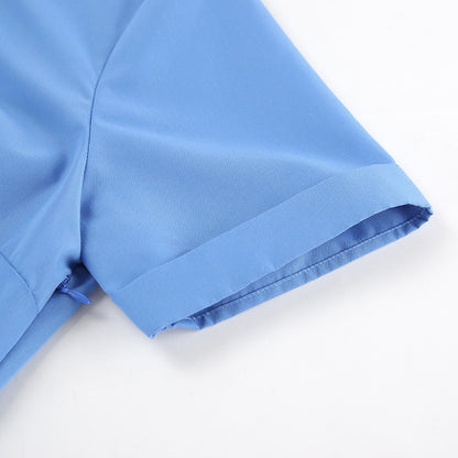 Summer Chic Collared Short Sleeve Slim Fit Dress for Women Office Wear Blue Dress