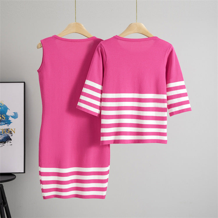 Summer Striped Mini Dress with Crew Neck and Half Sleeves Viscose Bodycon Dress