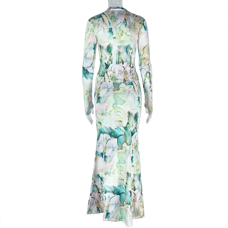 Printed Two Piece Set Long Sleeve Maxi Skirt Outfit Office Fashion for Women