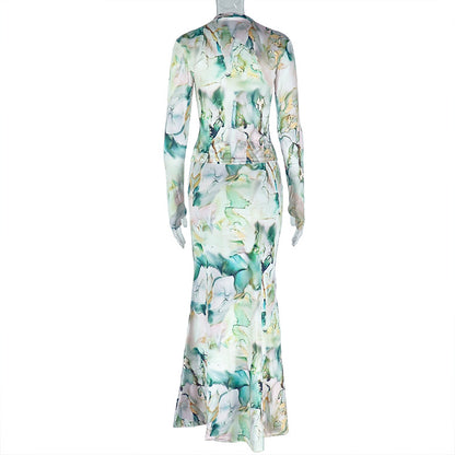 Printed Two Piece Set Long Sleeve Maxi Skirt Outfit Office Fashion for Women