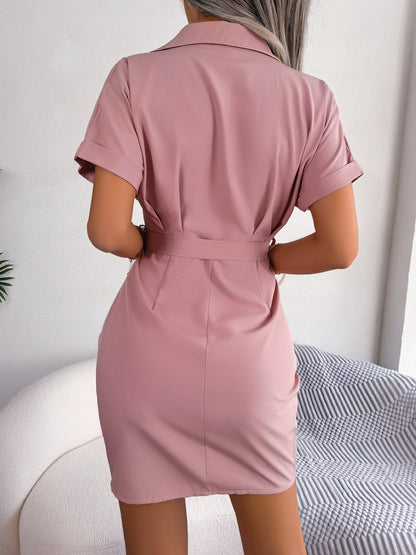 Summer Shirt Dress for Women Stylish Short Sleeve with Belted Design