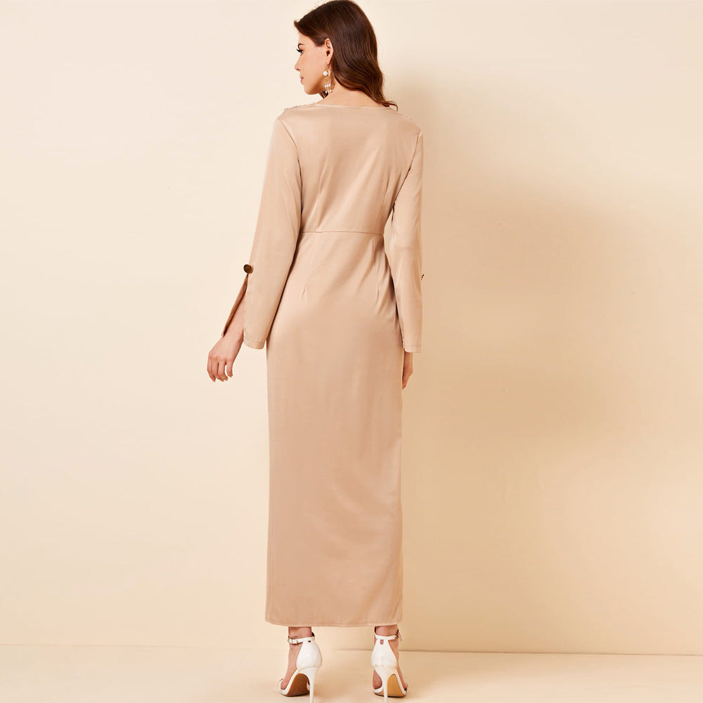 Spring Maxi Dress with Long Sleeves VNeck Design Perfect for Daily Wear and Effortless Style