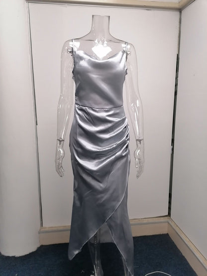 Slinky Satin Maxi Dress with Cowl Neckline and Backless Design for Elegant Evenings