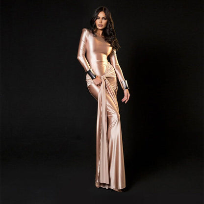 Elegant Satin Maxi Dress for Women Slim Fit with Long Sleeves and Tied Waist Spring Fashion