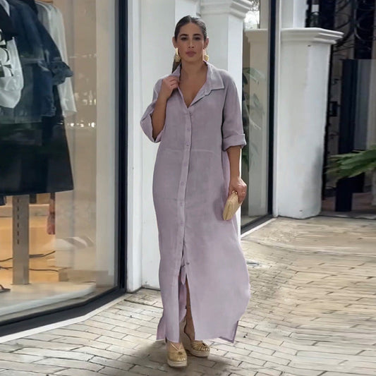 Collared Maxi Dress for Women Casual Wear Loose Fit Solid Color Long Sleeve A Line Dress
