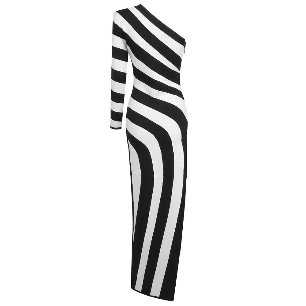 Black and White Striped Maxi Dress with One Shoulder and High Slit for Effortless Chic
