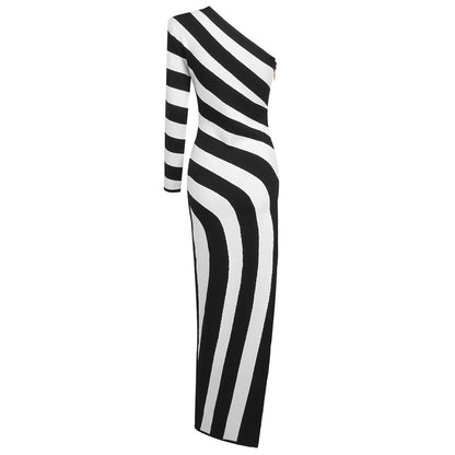 Black and White Striped Maxi Dress with One Shoulder and High Slit for Effortless Chic