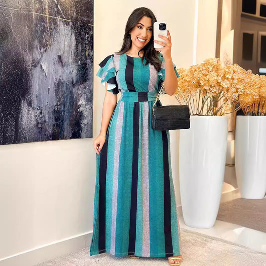Striped Maxi Dress with Ruffle Sleeves and Belted Waist for Summer Days