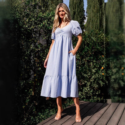 Stripe A Line Dress with Puff Sleeves and V Neck for Effortless Summer Style
