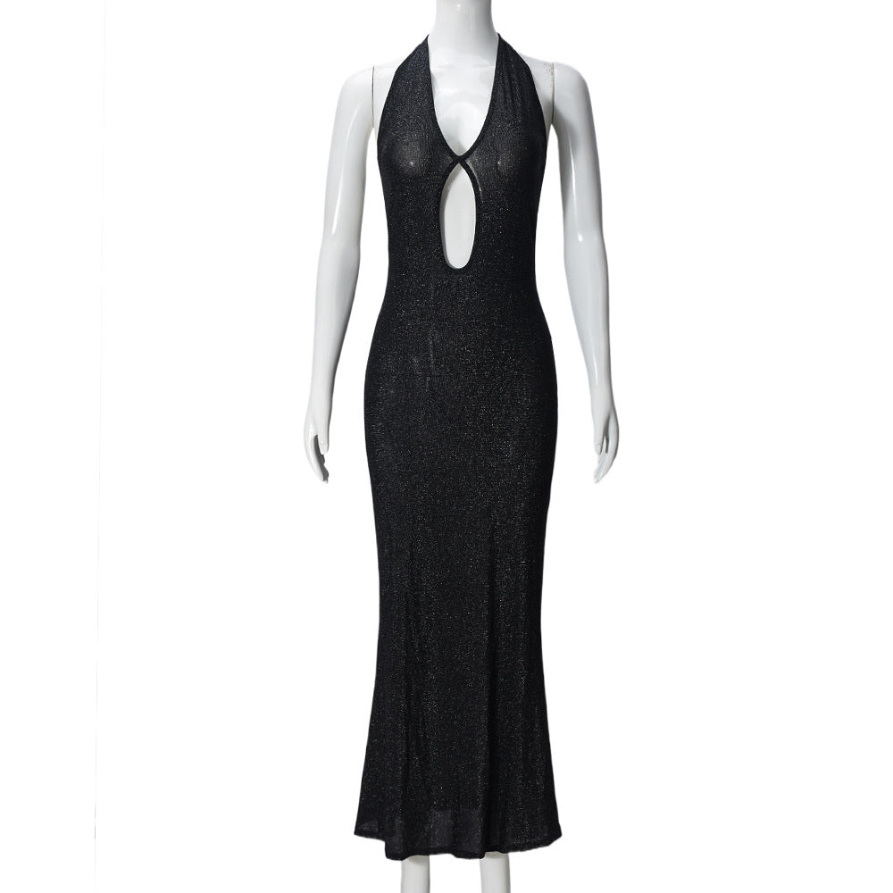 Sparkling Pink Maxi Dress with Halter Neckline and Cutout Details Glamorous Evening Wear