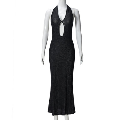 Sparkling Pink Maxi Dress with Halter Neckline and Cutout Details Glamorous Evening Wear