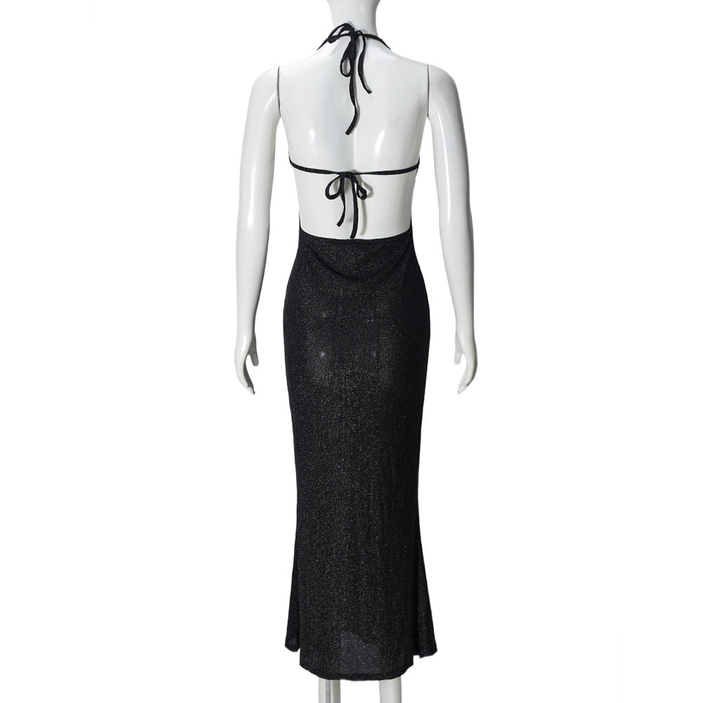Sparkling Pink Maxi Dress with Halter Neckline and Cutout Details Glamorous Evening Wear
